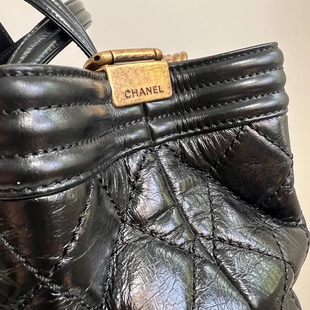 CHANEL Black Quilted Leather Laptop Tote with Gold Chain Strap